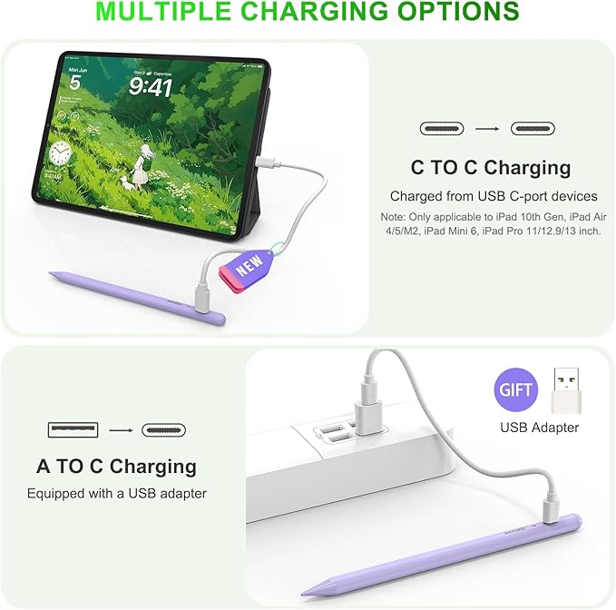 Stylus Pen for iPad 2018-2025: 15 Mins Fast Charging Pencil 1 Generation with Tilt Sensitivity Palm Rejection - Work for iPad Air 3 4 5 M2 M3- Pro 11" 12.9" M4 - Mini 5 6 - iPad 6 7 8 9 10 11 (Purple)
