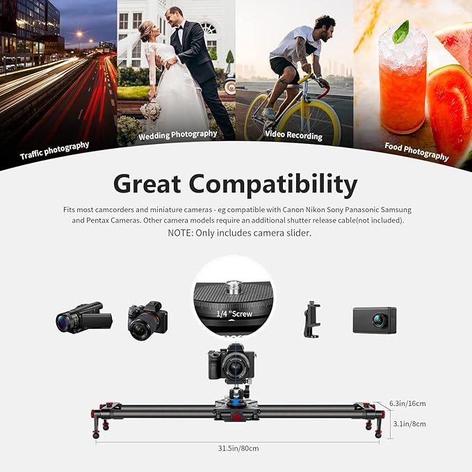 NEEWER 31.5"/80cm Motorized Camera Slider, App Wireless Control Carbon Fiber Dolly Rail Slider, Support Video Mode, Time Lapse Photography, Horizontal, Tracking and 120° Panoramic Shooting (ER1-80)