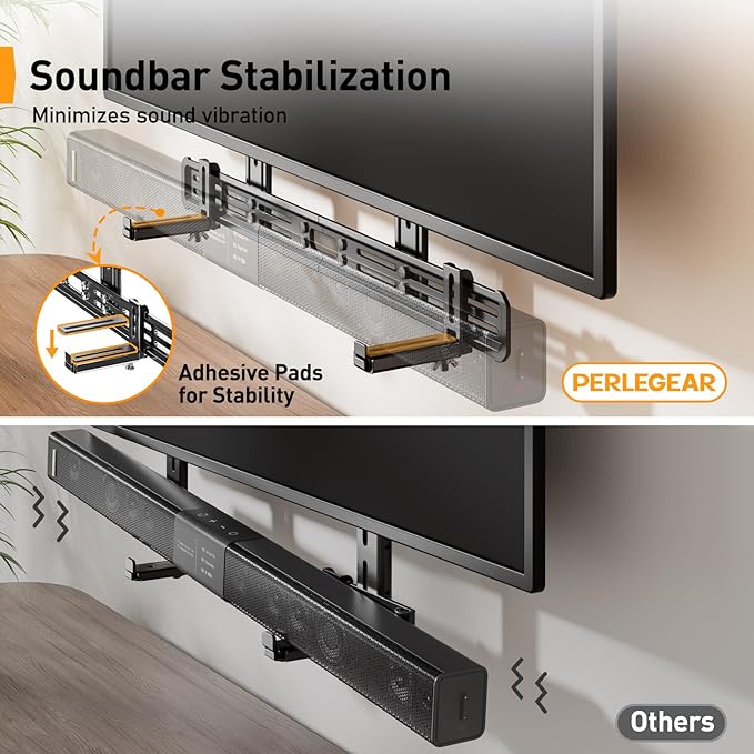 Perlegear Soundbar Mount, Sound Bar Mount with Holes/Without Holes, Sound Bar Mounts Under TV up to 15 lbs, Non-Slip Base Holder Extends 3.5” to 6”, Attach Speaker to TV or Wall
