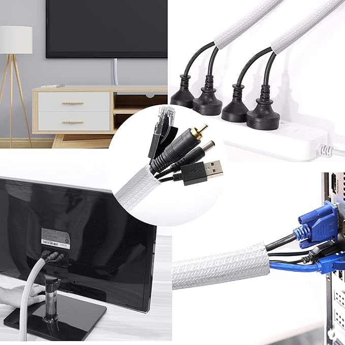 CrocSee 25ft - 1 inch Braided Cable Management Sleeve Cord Protector - Self-Wrapping Split Wire Loom for TV/Computer/Home Theater/Engine Bay - White