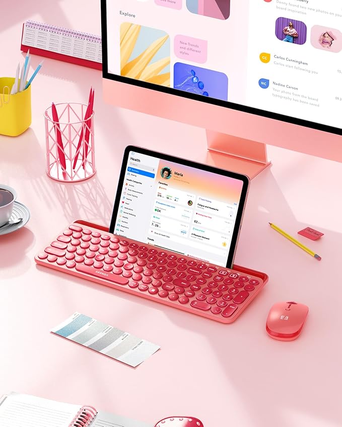 seenda Bluetooth Keyboard and Mouse for iPad, CTU-301 Multi-Device Bluetooth + 2.4G Wireless Keyboard Mouse with Tablet Holder for MacBook/Windows Computer, iOS/Andriod Tablet Phone, Coral Pink