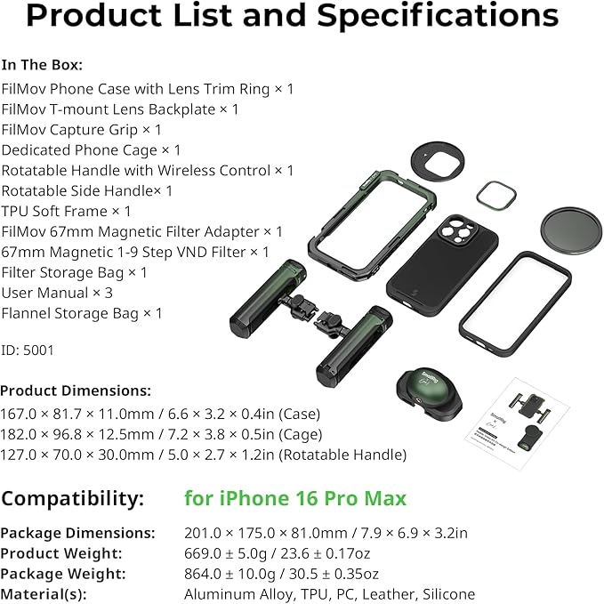SmallRig x Brandon Li Mobile Video Kit for iPhone 16 Pro Max, Phone Cage with FilMov Lightweight Phone Case Kit, Rotatable Wireless QR Handles, 67MM Magnetic VND Filter Kit, Support for MagSafe - 5001