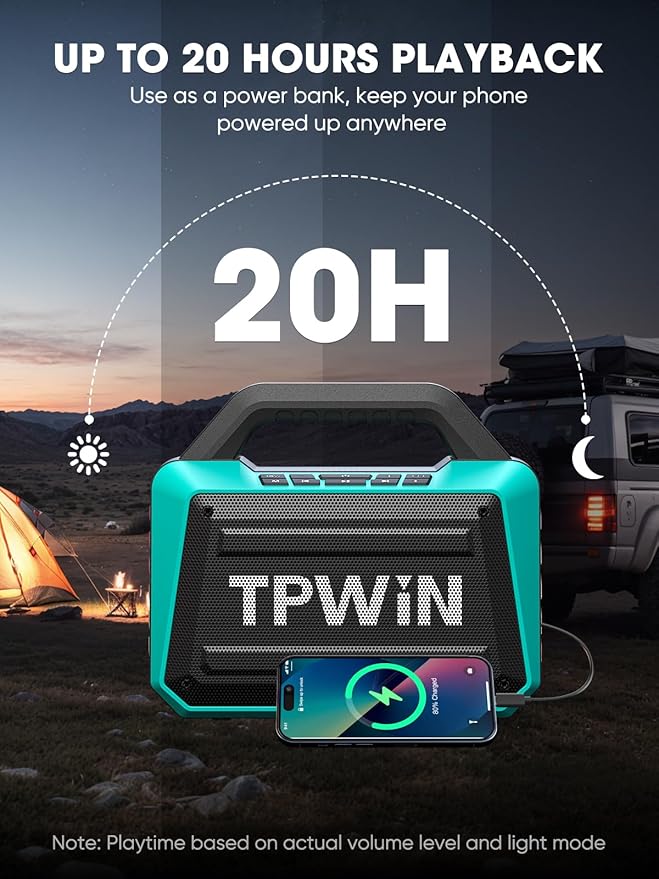 Speakers Bluetooth Wireless - Portable Speaker 80W Peak, IPX6 Waterproof, Loud Speaker with Light Show, Strong Bass, BT 5.3, TWS, 20H Playtime for Home Outdoor Beach Camping - Teal