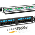 AMPCOM CAT6 24 Ports Patch Panel, Rack Mount - 1U, 19 inch，RJ45 Ethernet 568A 568B, Gold Plated, with Rear Cable Management Bar