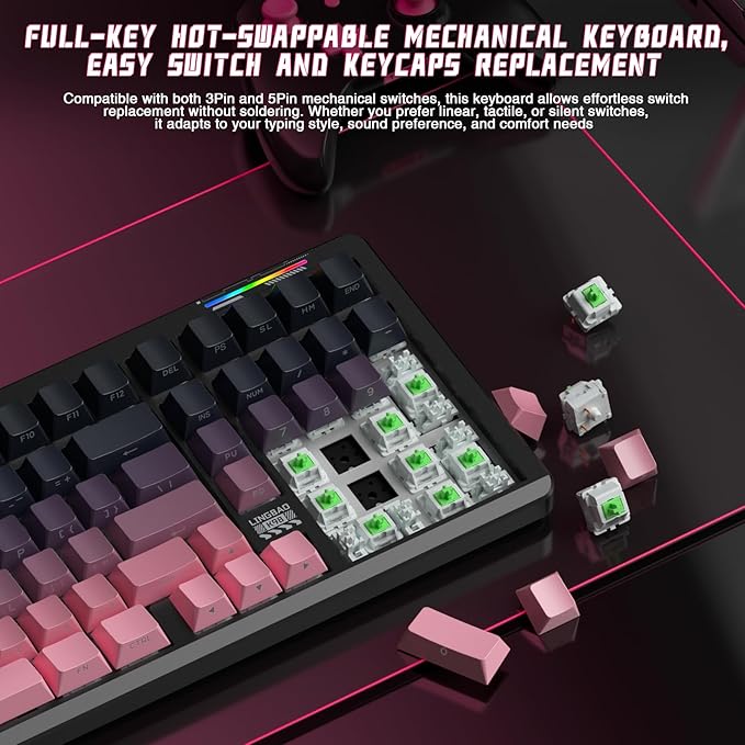 LINGBAO K98 Wireless Mechanical Gaming Keyboard, Tri-Mode BT5.0/2.4GHz/USB-C, Creamy Keyboard with Number Pad, Hot Swappable Gasket Custom Linear Switches RGB Backlit Keyboards for Win/Mac/PC/Laptop