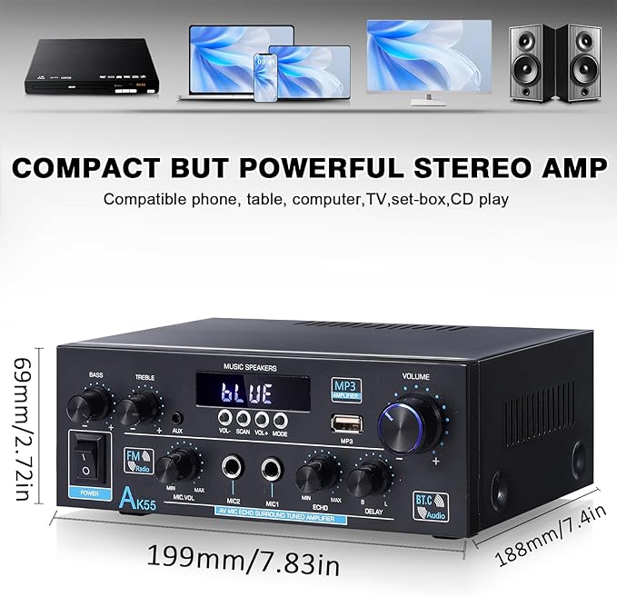 AK55 Bluetooth 5.0 Amplifier Home Audio,2.0 Channel Max 450W Power Stereo Amplifier Receiver w/USB/AUX/RCA/Opt/COA /2 MIC in for Home Theater Speakers