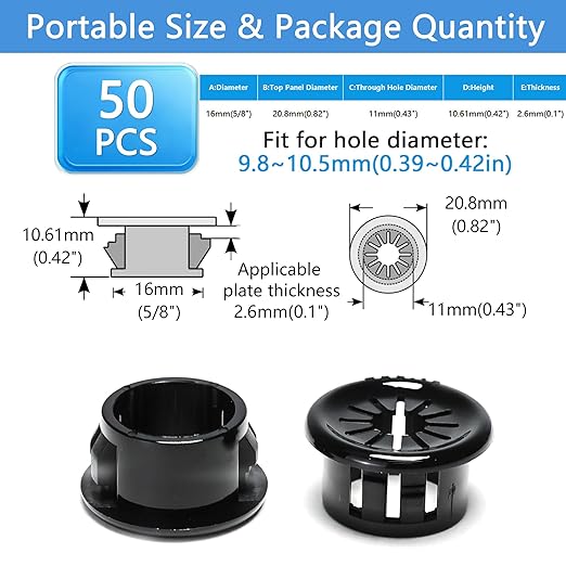 50 Pcs Cable Grommet, Snap Bushing 5/8" (16 mm) Mounting Diameter, Flexible Petal-Shaped Buckle Round Nylon Desk Grommet for Wires Through Countertop Cord Organizer and Protection, Black