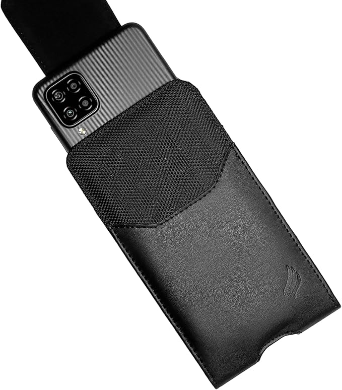 Leather Cellphone Holster for iPhone SE (2020/2022), 11 Pro, 12 13 14 15 16 17, Samsung Galaxy S22 S23 S24 S25 - Vertical Case Waist Carrying Pouch with Belt Clip/Loops, Black