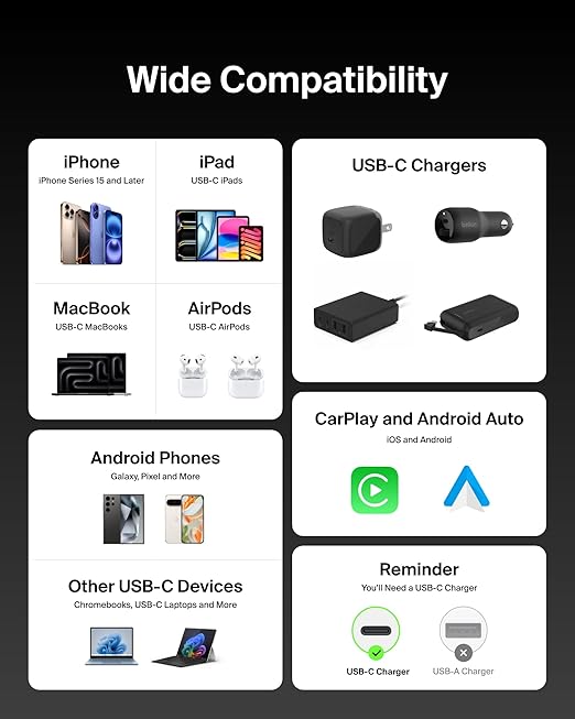 Belkin USB C to USB C Cable 2-Pack, 6.6ft, 240W - Type C Charger, iPhone Charger Cord, Soft, Braided, Flexible for iPhone 17, Galaxy S25, Pixel 10, MacBook, Chromebook, iPad Pro, Switch – Black