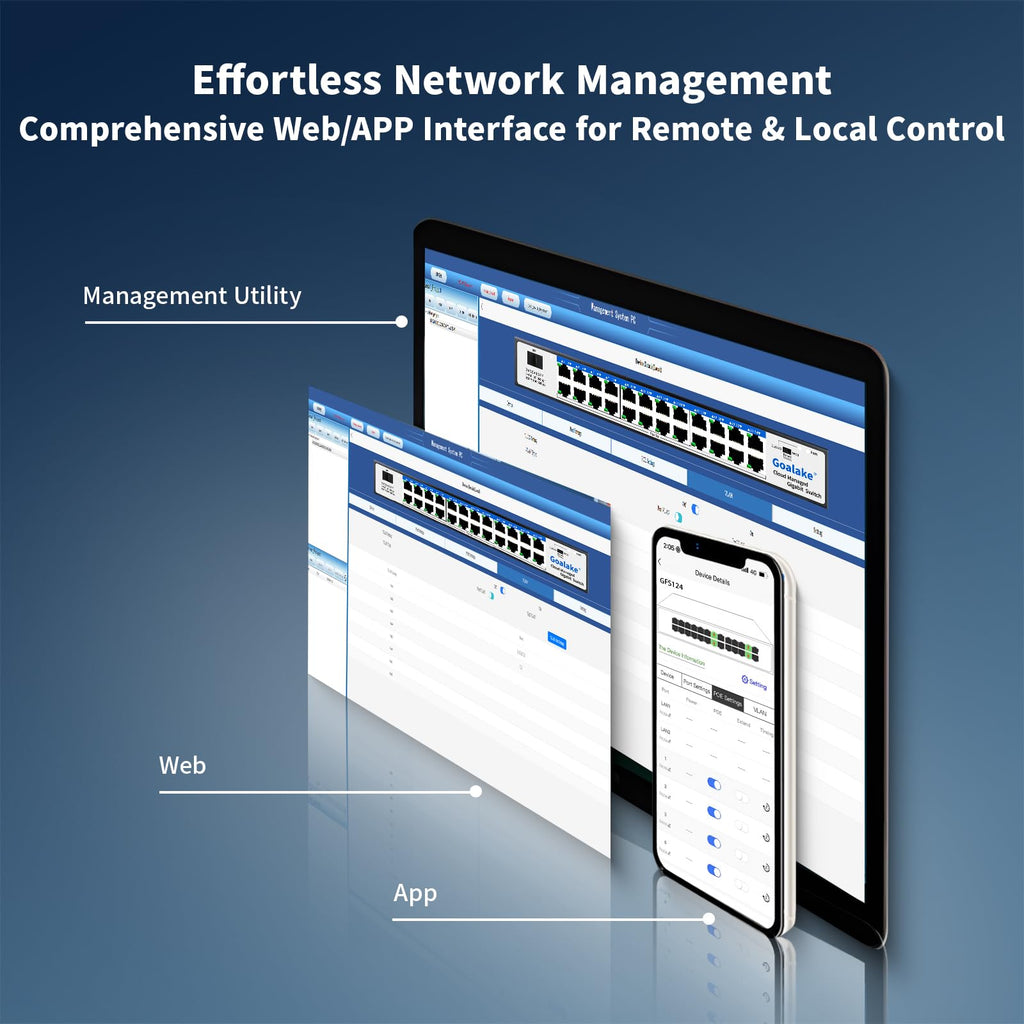 Goalake 24-Port Gigabit Easy Managed Switch – Plug & Play Managed Network, VLAN & QoS Bandwidth Control, Industrial Grade Fan Design, Desktop/Rackmount, No Subscription Fee