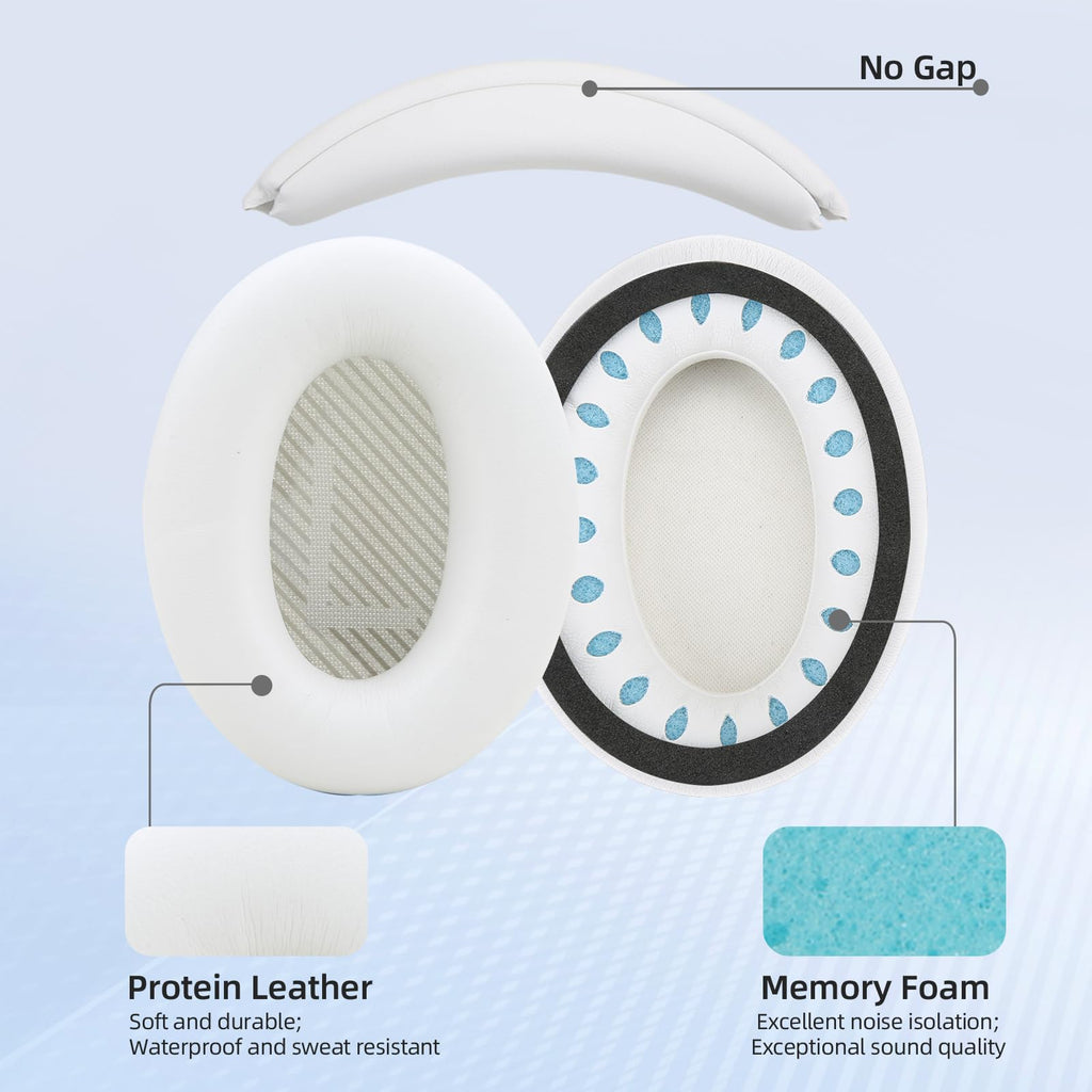Ear Cushion and Headband for Bose QC45 QC35, Replacement Headstrap Pad Repair Part with Protein Leather& Memory Foam (White)