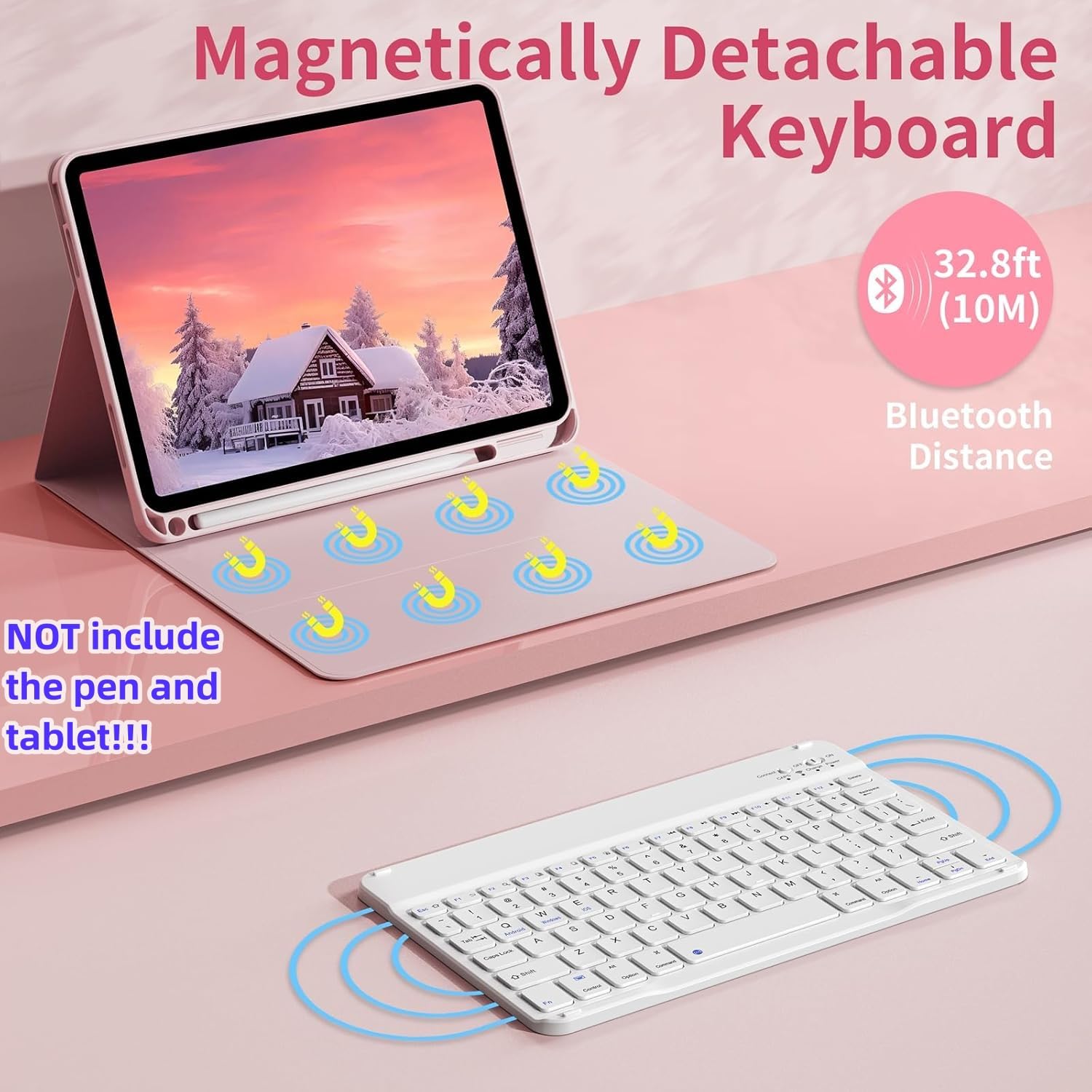 NUWONAYA Keyboard Case for Galaxy Tab S6 Lite 10.4 Inch 2024/2022/2020, Slim Lightweight 7 Color Rainbow Backlight Detachable Magnetic Bluetooth Keyboard Cover with S Pen Holder,Pink