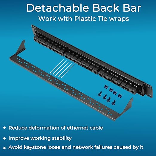 Rapink Patch Panel 24 Port Cat6 with Inline Keystone 10G Support, Pass-Thru Coupler Patch Panel UTP 19-Inch with Removable Back Bar, 1U Network Panel for Cat6, Cat5e, Cat5 Cabling