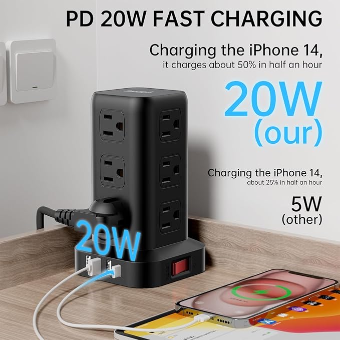 PD20W Surge Protector Power Strip Tower, 15FT Extension Cord with Multiple Outlets, 12 AC 4 USB (1 USB C)，Mini Power Strip with USB Ports, Surge Protector Tower Overload Protection for Office, Desk