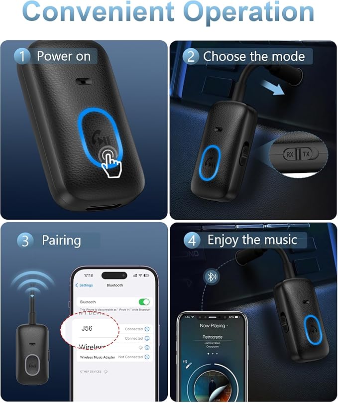 Upgraded Aux Bluetooth Adapter for Car, 2 in 1 Bluetooth 5.3 Transmitter Receiver, Hands-Free Calls, 180° Swivel Bend, Wireless Audio Receiver for Car, Speakers, Home Stereo