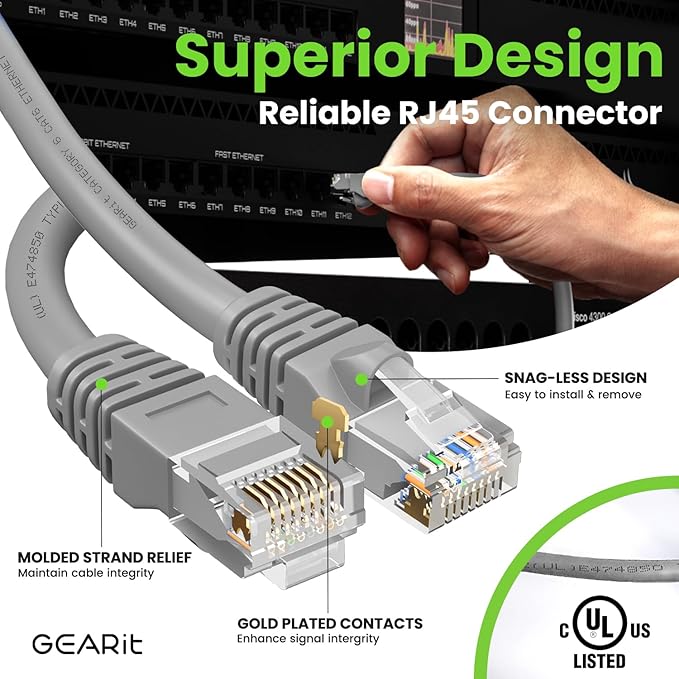 GEARit Cat 6 Ethernet Cable (1-Pack 3 Feet) Cat6 Network Patch, 10Gbps, RJ45, Snagless Cord, Gold-Plated Connectors, Internet for PC, TV, Tablet, Router, Printer, Servers, IT Data Center - Gray
