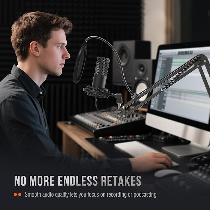FIFINE Studio Condenser USB Microphone Computer PC Microphone Kit with Adjustable Boom Arm Stand Shock Mount for Instruments Voice Overs Recording Podcasting YouTube Vocal Gaming Streaming-T669