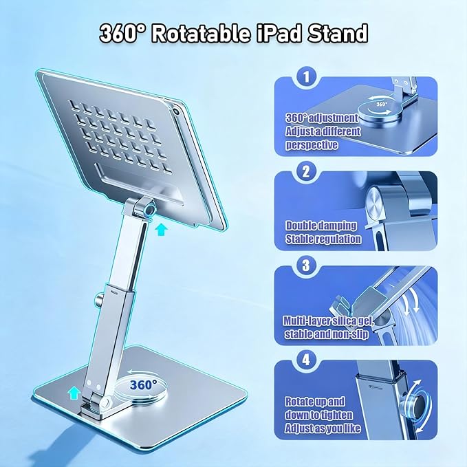 Tablet Stand, Height Adjustable with 360 Rotating Base - Desk Stand Holder, Rotating Display Stand for All 5.8-12.9” iPad Samsung Phone Tablet Kindle E-Reader and More