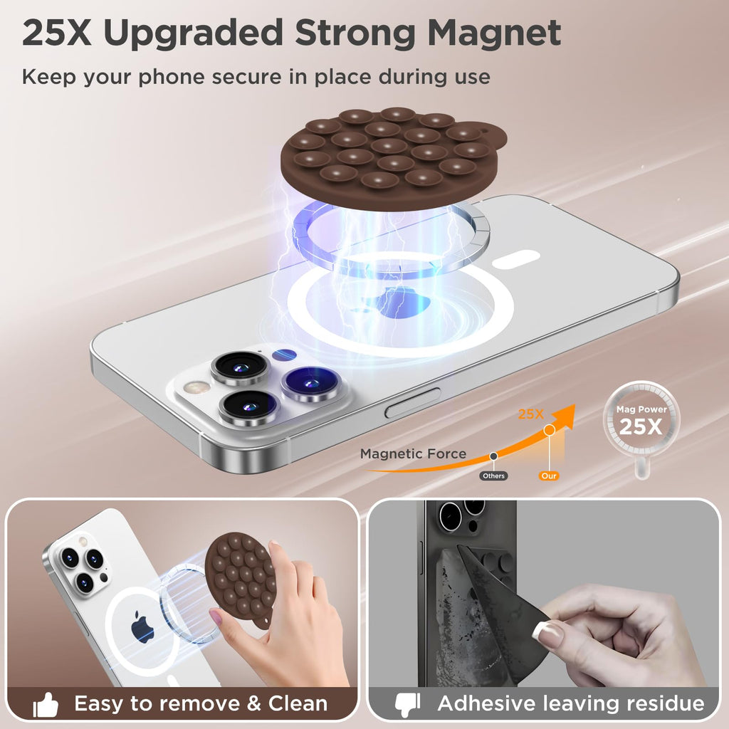 HSAOHD Magnetic Suction Cup Phone Mount with MagSafe, Silicone Hands-Free Grip Holder for iPhone Case and Android, Mirror Shower Phone Stand for Makeup FaceTime Gym Kitchen Bathroom, Chocolate