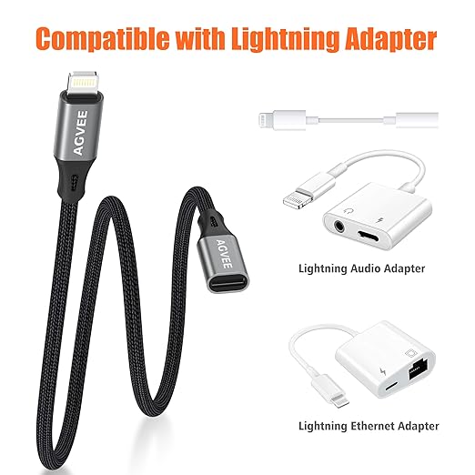 AGVEE 6.6ft Lightning Extension Cable, Braided Female to Male Extender Full Function Cord Compatible with iPhone iPad, Data Sync Video Audio & Charging Connector Adapter, Dark Gray