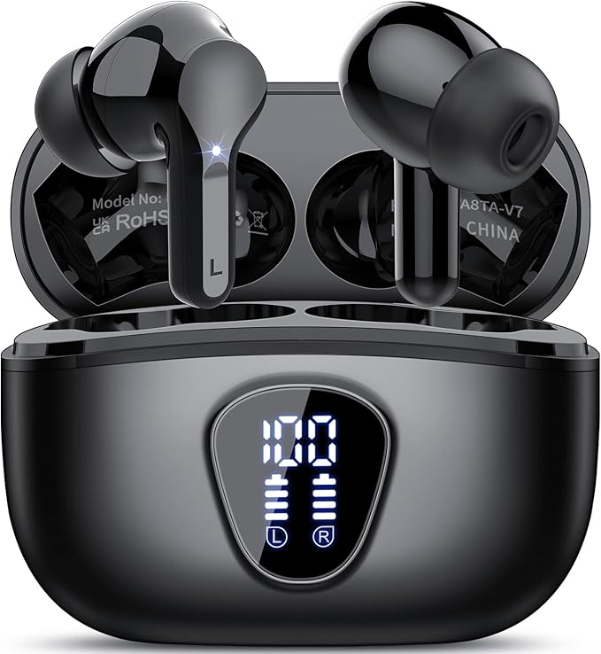 Wireless Earbuds, Bluetooth 5.4 Headphones HiFi Stereo, Bluetooth Earbuds with ENC Noise Cancelling Mic, IP7 Waterproof in Ear Earphones, 48H, LED Display Ear Buds for Pad Workout Sports, Black
