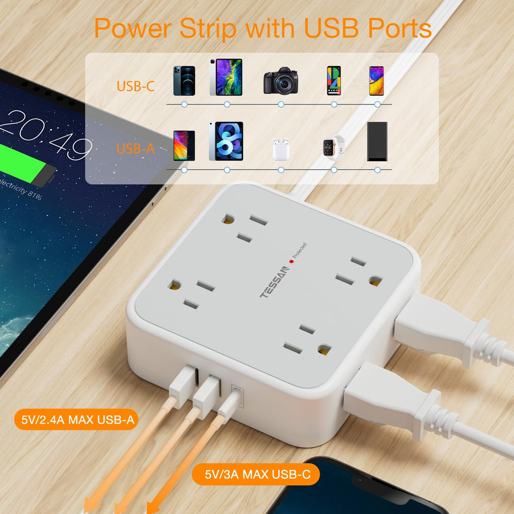 TESSAN Surge Protector Power Strip with 900J Surge Protection, 20 Ft, Grey
