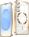 Slim Thin for Samsung Galaxy S25 Plus Case, Compatible with MagSafe, Built-in Camera Lens Protector, Shockproof Protective Phone Case, Soft Electroplated Clear Cover, Gold