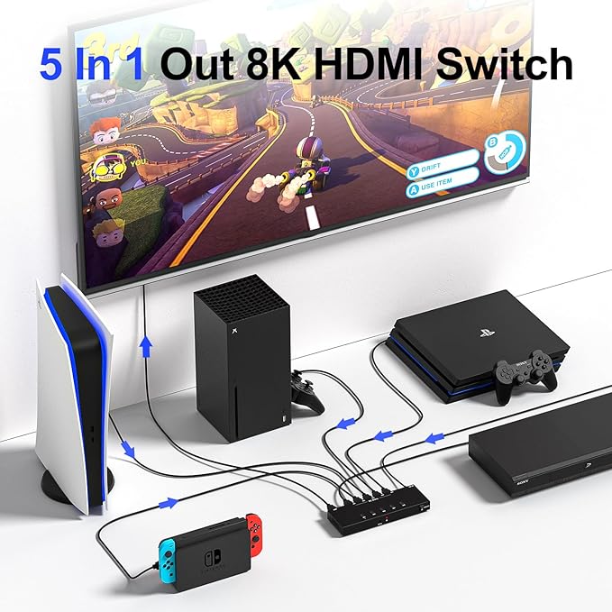 Y.D.F 8K@60Hz HDMI Switcher 5 in 1 Out Aluminum Support 4K@120Hz HDR10+ HDCP 2.3 CEC HDMI 2.1 Switch Splitter Compatible with PS5/4 Xbox X/S Nintendo Switch/OLED Roku Apple TV Fire Stick UHD TV