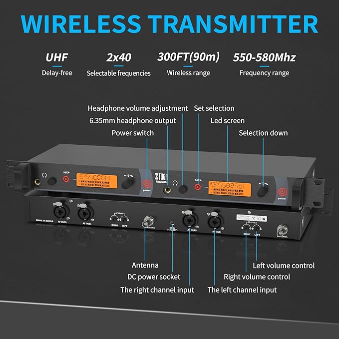 XTUGA RW2080 Wireless in Ear Monitor System Mono with 2 Bodypacks, Dual Channel Design IEM UHF System Stage Monitors Earphone 300Ft Range, 40 Frequencies for Band, Studio, Musicians, 902-928mhz