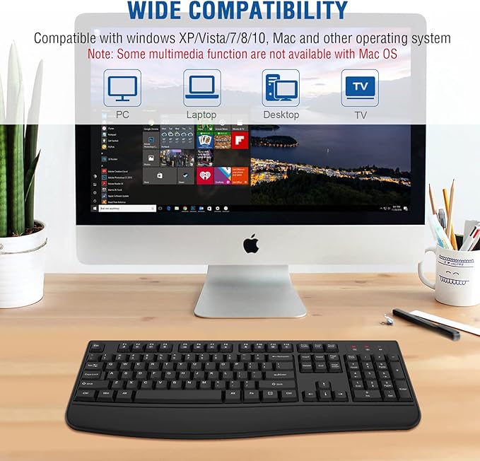 EDJO Wireless Keyboard, 2.4G Ergonomic Full Size Wireless Computer Keyboard with Wrist Rest for Windows, Mac OS Desktop/Laptop/PC（Black）