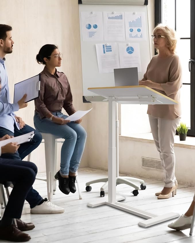 SANODESK Medical Adjustable Overbed Bedside Table with Casters 90° Tilt Top Pneumatic Mobile Rolling Laptop Computer Standing Desk Cart with Tray, Hospital and Home Use(31.5" W x 17.7" D, White)