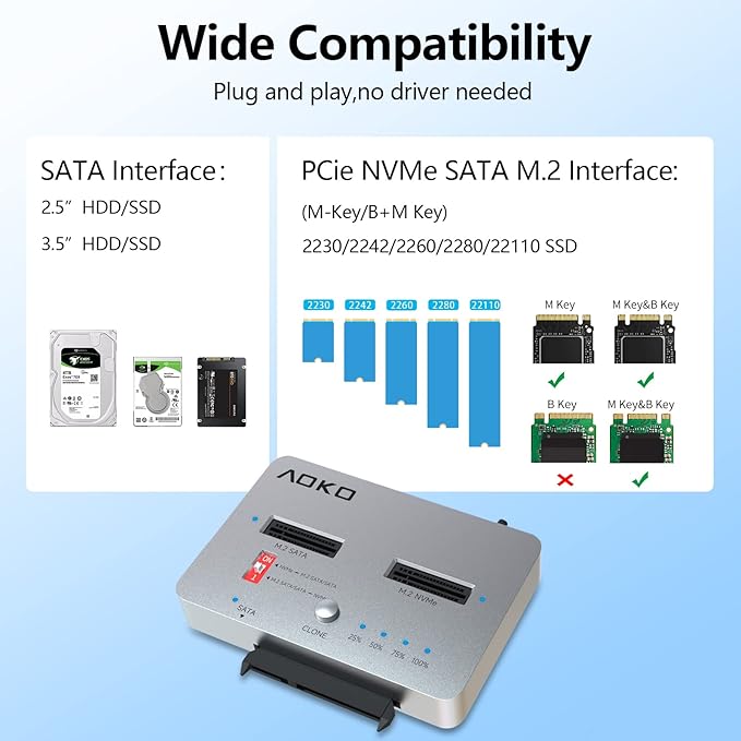 AOKO M.2 NVMe to M.2 SATA and 2.5”/3.5” SSD/HDD Clone Docking Station, USB-C 10Gbps Hard Drive Reader & Two-Way Offline Cloning Dock for M.2 SATA NVMe SSD +2.5/3.5 SATA Hard Drive Duplicator