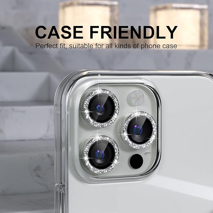 Choiche Compatible for iPhone 16 Pro/iPhone 16 Pro Max Camera Lens Protector Bling, 9H Tempered Glass Camera Cover Screen Protector Metal Ring Decoration Accessories (Glitter-Silver)