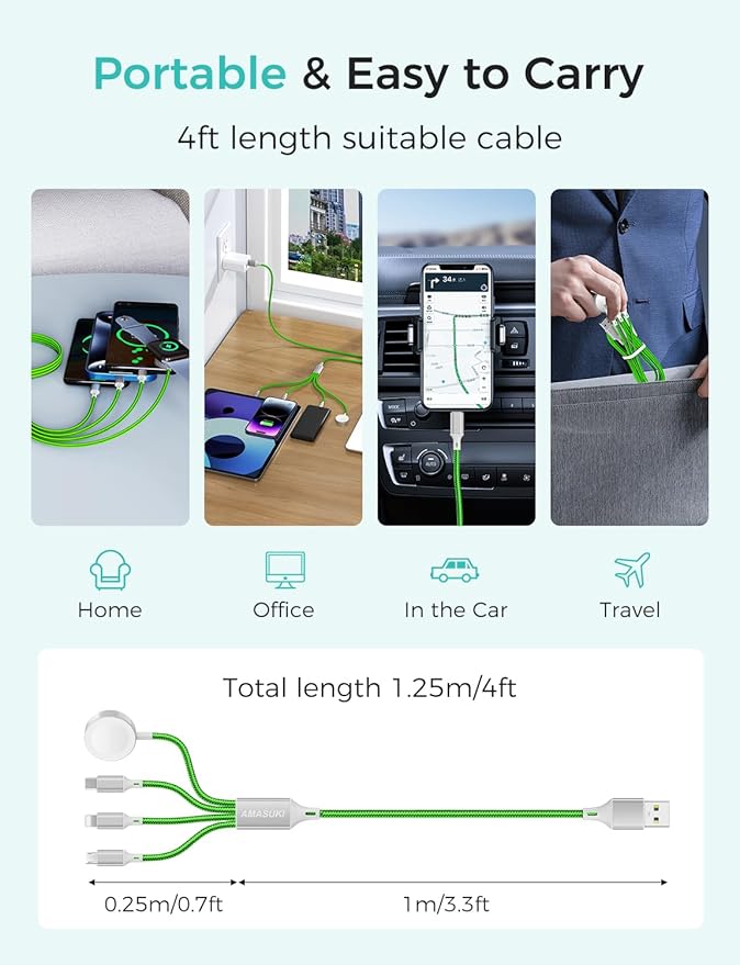 Travel Essentials Multi Charging Cable for Watch Charger 4 in 1 Fast Charger Camping Essentials USB C/L/Micro Compatible with Watch Series 10-1/SE/Ultra Phone 16 15/Galaxy Android-4FT/Green