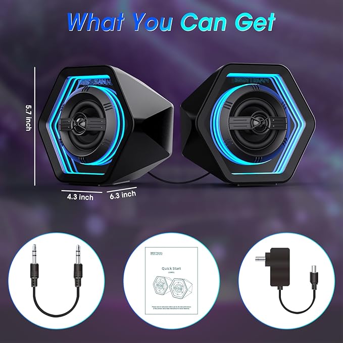 BESTISAN Computer Gaming Speakers with 8 RGB Modes, Compact Design, DC Powered Desktop Speaker with 3 EQ Modes, 50W Active Speakers with Bluetooth 5.3, AUX in, Headphone, Type-C Port for PC/Laptop/TV