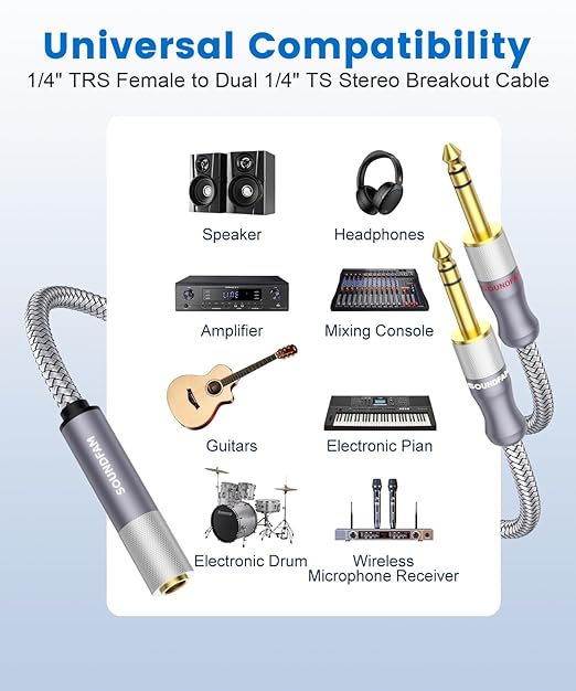 1/4" Splitter Cable 2 Feet/60CM,Microphone Splitter 1 Female to 2 Male TRS 1/4 inch Splitter 6.35mm Stereo Female Plug to Dual 6.35mm Male-Grey
