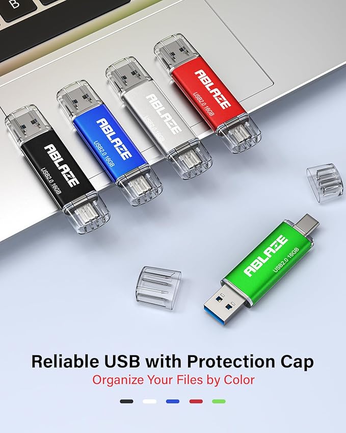 ABLAZE 16GB Type C Flash Drive 10 Pack, Dual USB 2.0+USB C Memory Stick Thumb Drive Compatible with iPhone 16/15, Android Smartphone, Computers, Tablets, Mac,iPad,PC