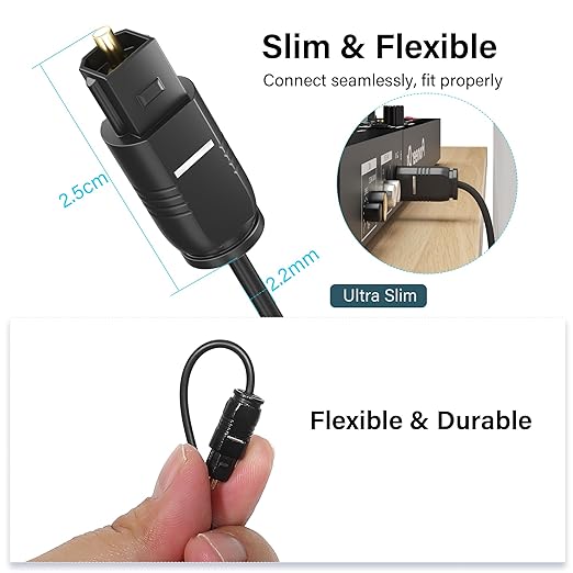 Adoreen Ultra-Thin Slim Digital Optical Audio Cable 4 FT/2 Pack, Fiber Optic Toslink SPDIF Cord Gold-Plated High-Speed Flexible & Durable for TV Soundbar Home Theater Game Console PS4 Xbox +Ties