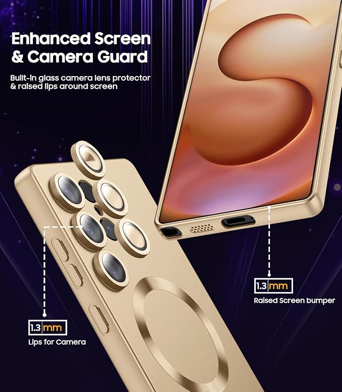 Magnetic for Samsung Galaxy S25 Ultra Case [Compatible with MagSafe][Built-in Camera Lens Protector] Slim Soft Silicone Bumper Shockproof Metallic Luster Phone Shell (Gold)