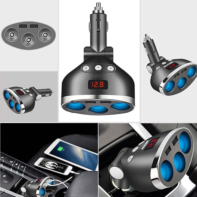 Car Charger,120W 3-Socket Cigarette Lighter Power Adapter DC Splitter 3.1A Dual USB Car Charger 12/24V with LED Voltage Display for Smartphone