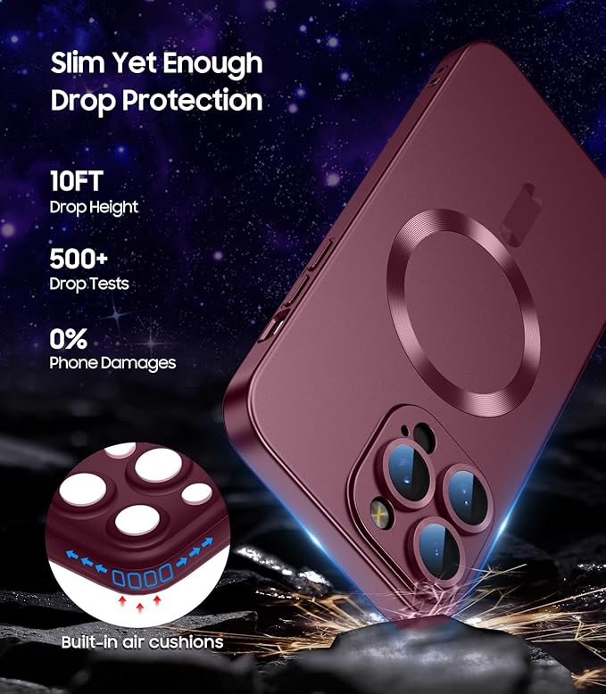 Magnetic for iPhone 16 Pro Max Case [Compatible with MagSafe][Built-in Camera Lens Protector] Slim Soft Silicone Bumper Shockproof Metallic Luster Phone Case (Burgundy)