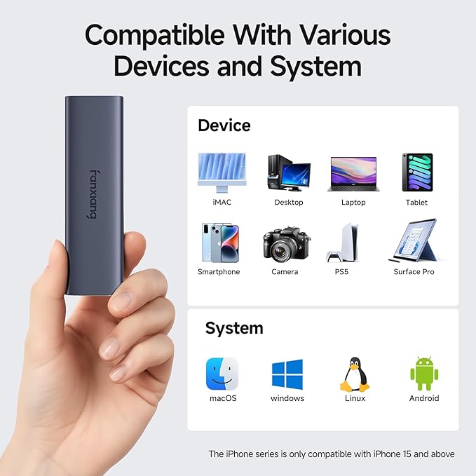 fanxiang 500GB External SSD - Portable SSD External Solid State Drive, 1000MB/s, USB 3.2 Gen2 Type-C, Aluminum Alloy, External Hard Drive for iPhone15/16,Android, Mac, Windows -PS1008