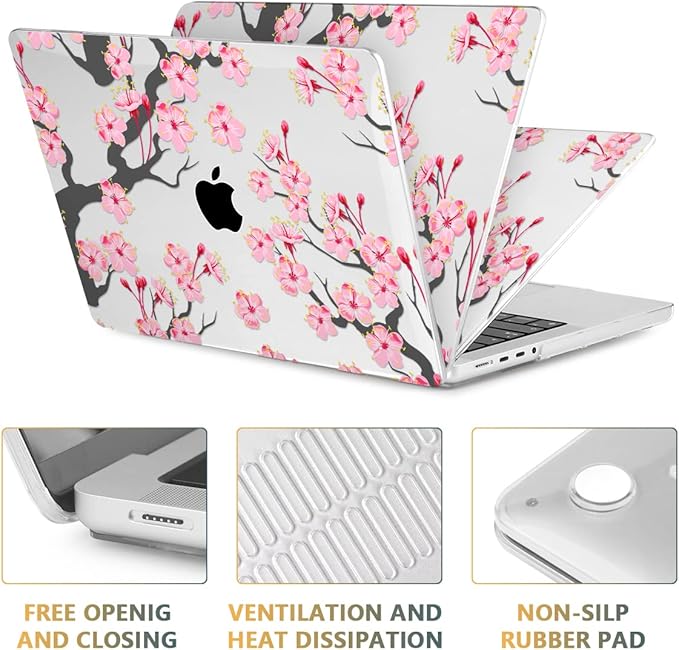 CISSOOK Cherry Blossoms Hard Shell Case for MacBook Pro 14 inch M4 A3112 A3185 A3401 M3 A2992 A2918 M2 A2779 M1 A2442 2021-2024, Cherry Floral Cover with Keyboard Cover for 2021 2024 M1-M4 Pro 14.2”