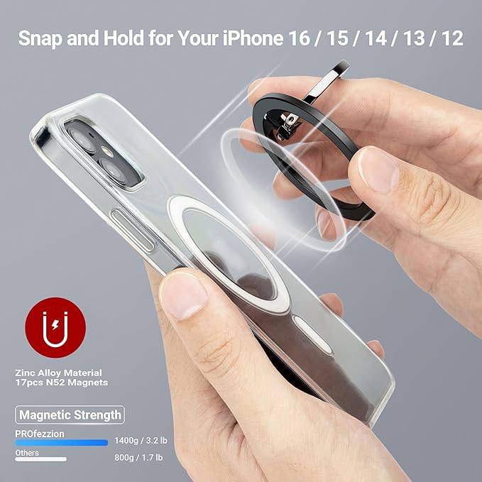 PROfezzion Thin Metal Ring Holder for MagSafe, Removable Strongest Magnetic Phone Grip for iPhone 16 15 14 13 12 Pro Max Plus with Mag-Safe Case [Not for Regular Case] [MagSafe Car Mount Compatible]