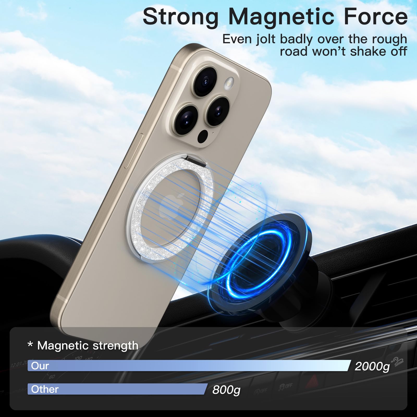 COOLQO 2Pcs 360 Spin Cell Grip Ring Phone Stand [Upgrade Gear Hinge Stress Relief] Magnetic Holders for Your car Accessories Desk Mount Compatible with iPhone All Smartphone, Glitter Silver