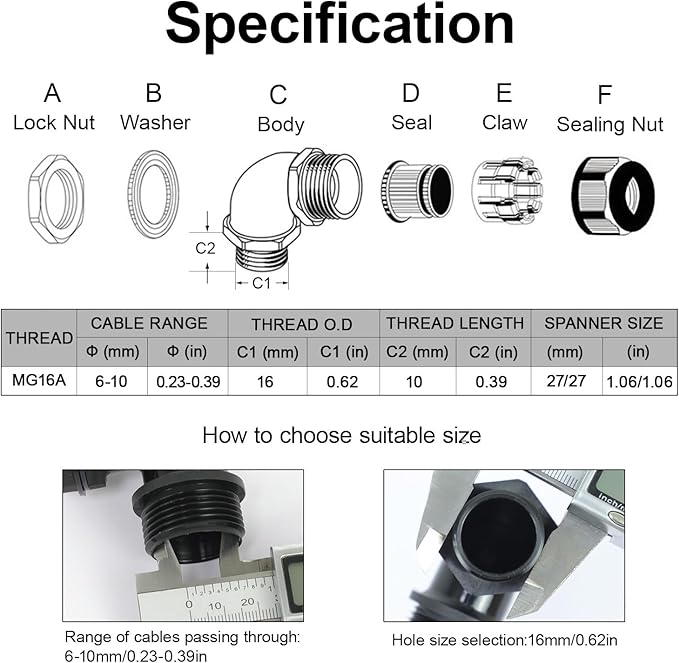 LeMotech M16 Cable Gland, 90 Degree Adjustable 6-10mm Strain Relief, Cord Connectors Nylon Joints with Gaskets, 2 Pcs, Grey
