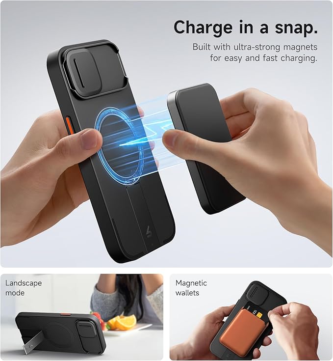 SURITCH for iPhone 15 Case with Magnetic Camera Slide Cover and Adjustable Kickstand, Compatible with MagSafe, Shockproof Bumper Case Slim Protective Cover 6.1 Inch, Black