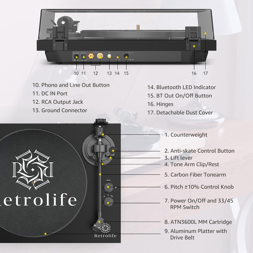 Retrolife Record Player Wireless Output Turntables AT-3600L Cartridge Black