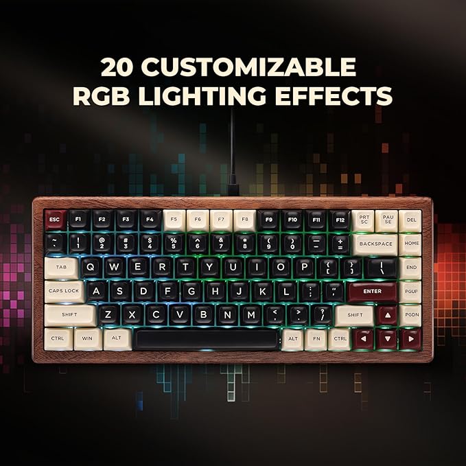 WK84 USB-C Wired Wooden Mechanical Keyboard, 75% Layout 84 Keys, RGB Backlit, Hot-Swappable Green Switches, QMK/VIA Programmable, for Gaming & Typing