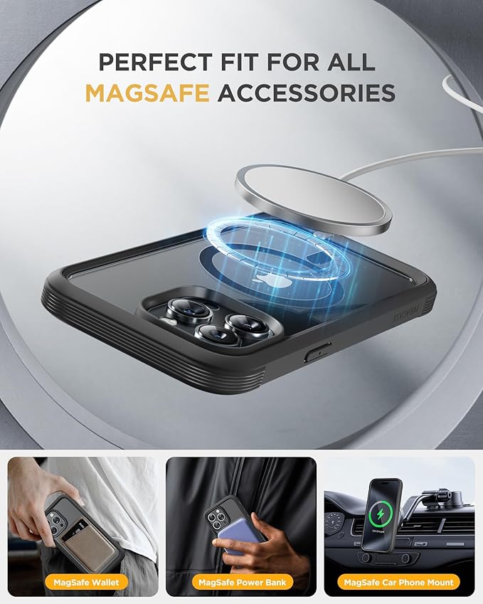 Miracase Magnetic for iPhone 15 Pro Case [Compatible with MagSafe] Full-Body Bumper Phone case with Built-in Glass Screen Protector& Camera Protector, Military Drop Proof 15 Pro Cover 6.1 inch, Black